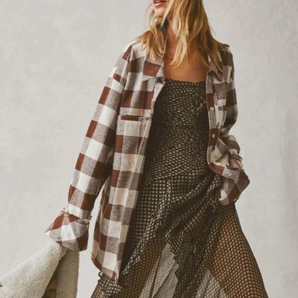 NWOT We the Free People So Long Summer Brown Plaid Button Shirt S